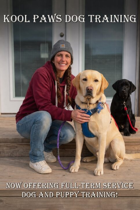 announcement_725_dog_training Kool Paws Dog Training trainer with a yellow Labrador and a black Labrador puppy